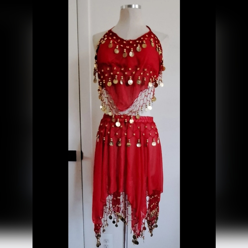 Belly dancing dress with scarves and cuffs